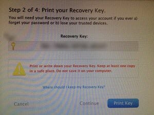 Apple 2-factor authentication recovery key screenshot