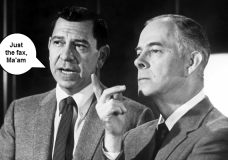 Image of 1960's TV show Dragnet stars with caption 'Just the fax, Ma'am'