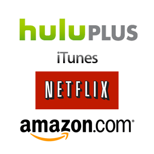 Various video service logos, Hulu Plus, iTunes, Netflix, and amazon.com