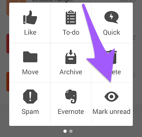 Android mail app, Action grid with arrow pointing to Mark Unread