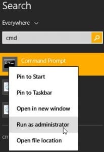Screenshot of Windows 8.1 Search too with command prompt  run as administrator option