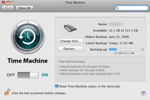 Screenshot of OS X time Machine program window