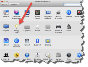 Screenshot of Mac OS X System Preferences with red arrow pointing to  Energy Saver option