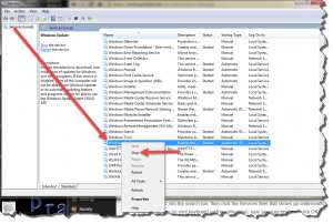 Screenshot of Windows Update service options