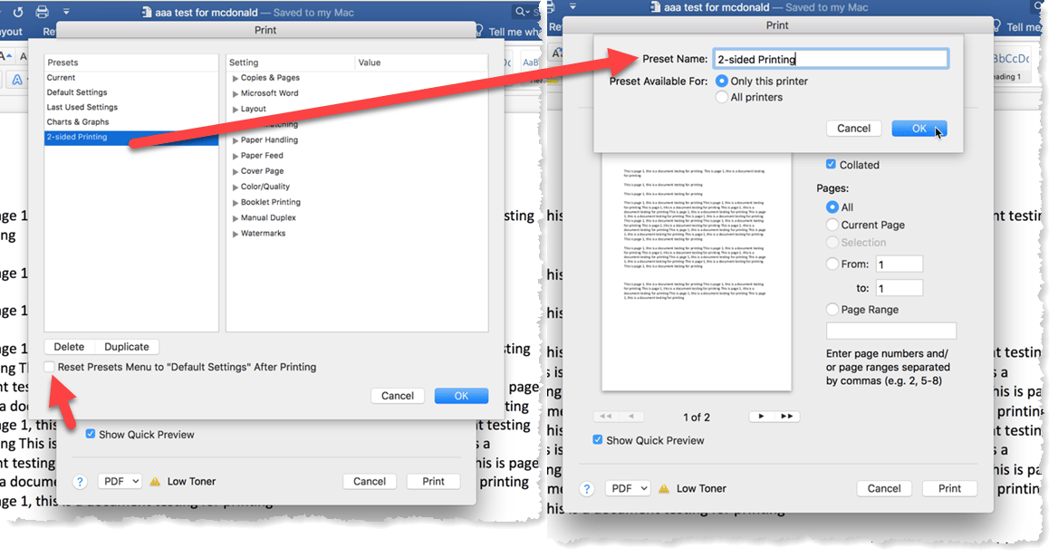 how to print two sided in word on a mac