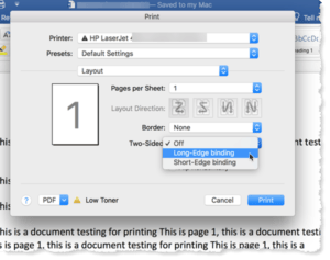 how to make sure not printing double sided on mac word