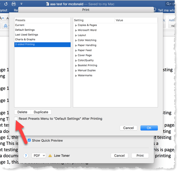 two sided printing on word for mac greyed out