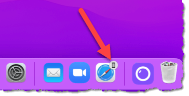 screenshot of a Mac's dock (bottom-right side) showing the device overlay on a Safari app icon. Clicking that will open Safari to the page you were looking at on your iPhone or ipad.