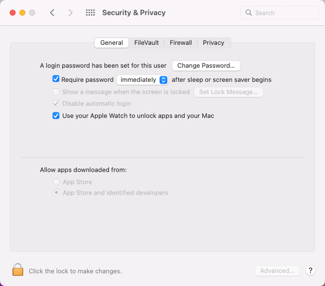 screenshot of the macOS security & privacy screen showing the checkbox where you can allow your Apple Watch to unlock apps and your Mac.