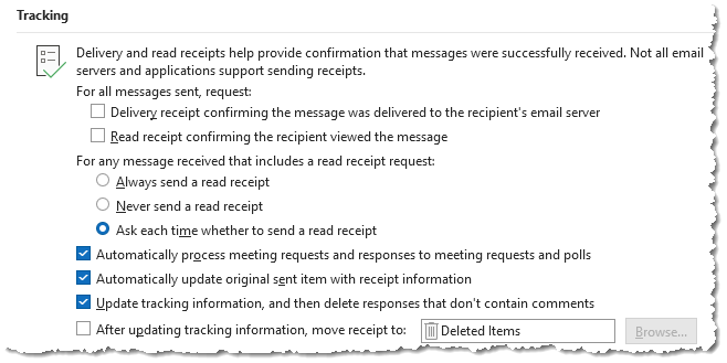 Click to view larger. This is a close-up of the Tracking controls in Outlook's Options menu.