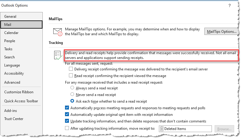 Outlook Options Menu for Mail that shows the Tracking settings for outgoing emails. Highlighted is the section that says the recipient may or may not respond to tracking requests.