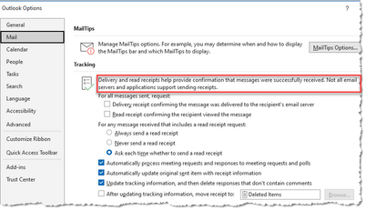 Outlook Options Menu for Mail that shows the Tracking settings for outgoing emails. Highlighted is the section that says the recipient may or may not respond to tracking requests.