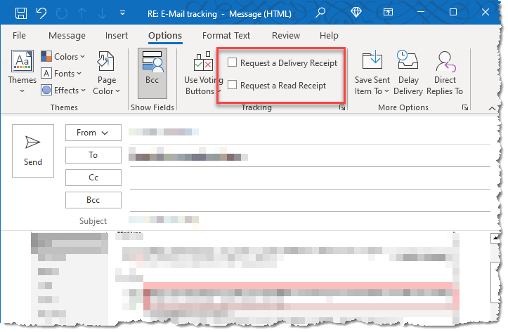 Click to view larger. This is an outgoing message form showing the two tracking checkboxes you can use to send a tracking request with your email.