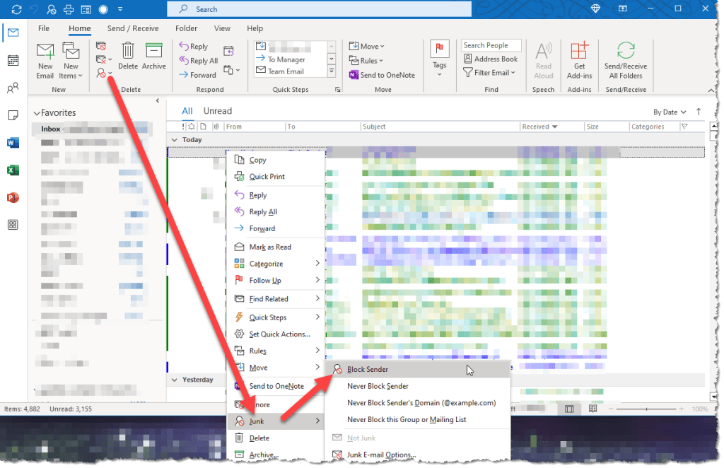 Screenshot of Outlook's Inbox showing how to mark an email as junk. Click on the image to view larger.