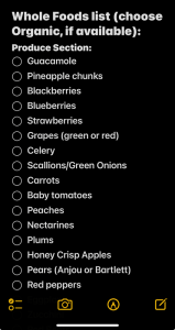 A sample grocery list using the iPhone Notes app.