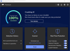 This is a screenshot of the main Malwarebytes Premium application window. The gear icon at the top-right opens the Settings menus.