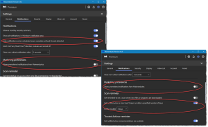 click to view larger. This is a screenshot of the Malwarebytes Settings > Notifications window with circled areas of settings to change from the default.