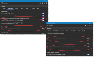 click to view larger. This is a screenshot of the Malwarebytes Settings > Notifications window with circled areas of settings to change from the default.