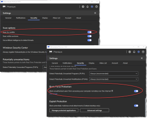 click to view larger. This is a screenshot of the Malwarebytes Settings > Security window with red circles showing which default settings to change.
