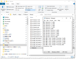 This is an image of the Windows File Explorer and a small text file open in Notepad showing the list of files in editable text.