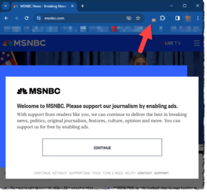 This is a screenshot of the Google Chrome web browser open to the website MSNBC.com. The browser has an extension called Malwarebytes Browser Guard which protects the browser from infected websites, but also blocks ads (see the arrow pointing to the Malwarebytes extension icon). The MSNBC.com website uses ads and activity trackers (notice there are 33 of them on the website, as indicated by the overlay on the Malwarebytes icon) to generate revenue. Because this browser is denying access to ads and trackers, MSNBC displays a popup to ask you to stop blocking the ads. 