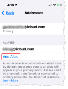 screenshot of the iPhone settings page to add an email address (alias) to your Apple ID email account.