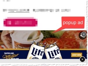 Screenshot of a popup ad showing on a webpage in the Chrome web browser on smartphone.