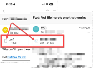 This is a pair of screenshots from an iOS outlook email message. Both have a .vcf file attached. The first one shows a plain icon and is unreadable. The second one shows an icon like a business card and is readable.