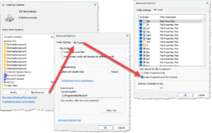 Click to view larger. This is a screenshot of the Indexing Options dialogue box with the Advanced button clicked opening the Advanced Options dialogue box, with the File types tab clicked showing the radio buttons for choosing to include file contents in search results.
