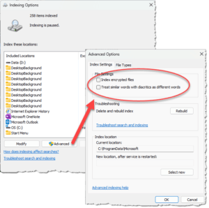 Click to view larger. This is a screenshot of the Indexing Options dialogue box with the Advanced button clicked opening the Advanced Options dialogue box and the two checkbox items circled.
