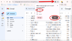 This is a screenshot of the Gmail inbox webpage with the double-diamond icon in the URL bar clicked. That opens a small popup where you can choose to allow Gmail to open all email links in Chrome.