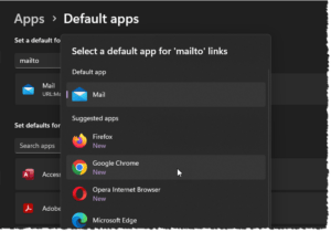 This is a screenshot of the Windows 11 Default Apps selector where you select the default app to use for "Mailto" links.