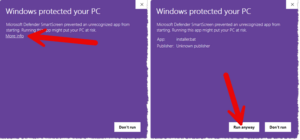 Windows warning screens that Microsoft uses to warn of potentially harmful changes a program (like installer.bat) can make to your computer. 